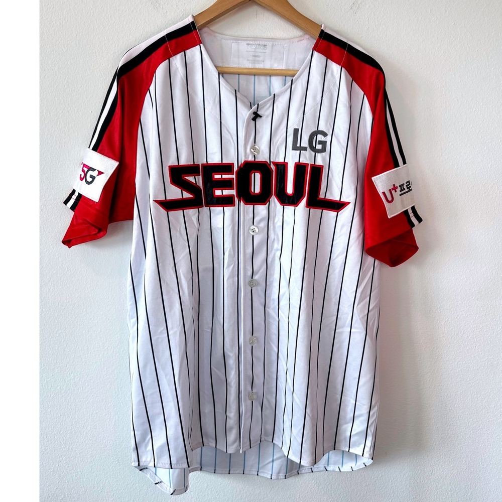 LG Twins Seoul Baseball Jersey White Pinstripe KBO League Large 100 Button Up